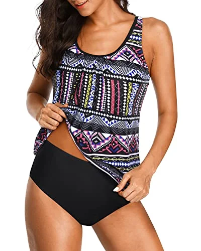 Comfy And Supportive Athletic Swimwear Two Piece Tankini Set For Women-Black Tribal