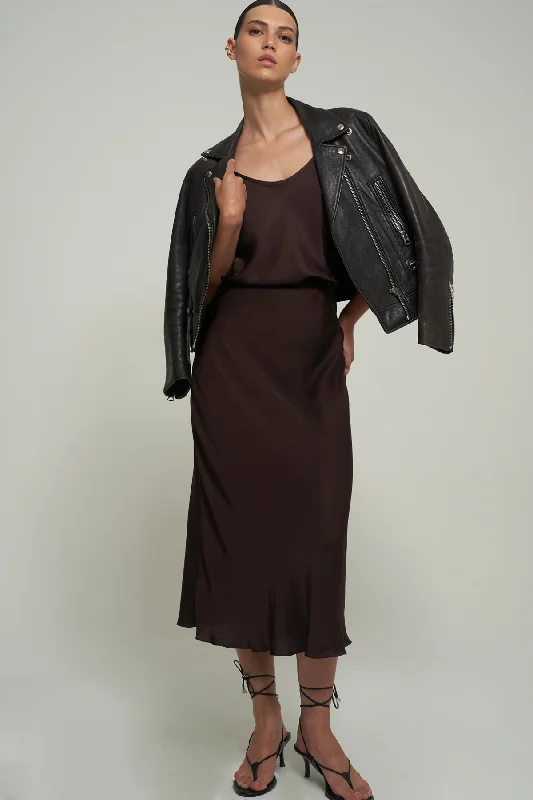 SATIN MIDI SKIRT IN BROWN