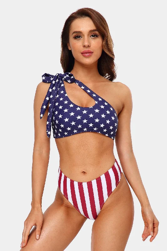 One Shoulder USA Flag Cut Out Bikinis Swimsuit