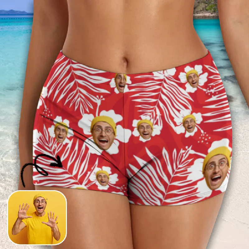 Custom Face Red Bikini Bottom Short Personalized Face Red Swimsuit Short For Women