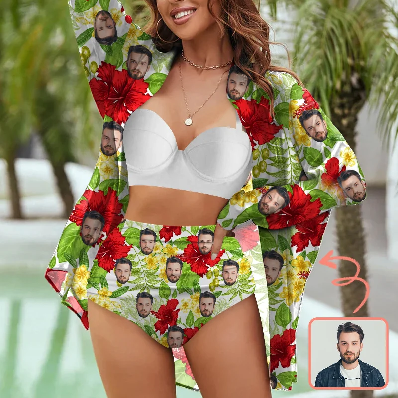 Custom Face Bikini Set&Shirt Cover Up Personalized Face Green Leaves Red Flower Swimsuit Bikini For Women