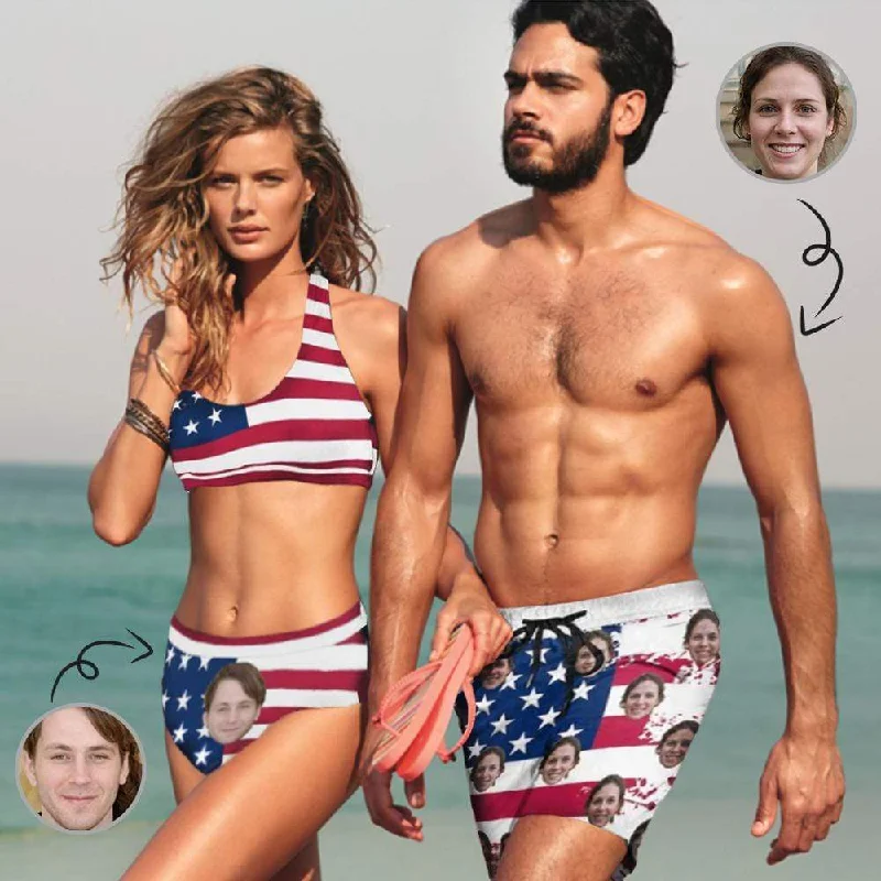 Custom Face Flag Couple Matching Swimsuit Print Women's Sport Top & High-Waisted Bikini Swimsuit personalized Men's Swim Shorts for Honeymoon