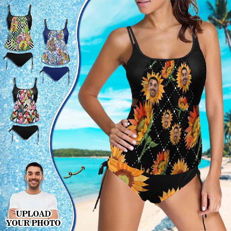 Custom Face Flowers Swimsuit Personalized Womens Tankini Top Sets Bikini Two Piece Bathing Suit