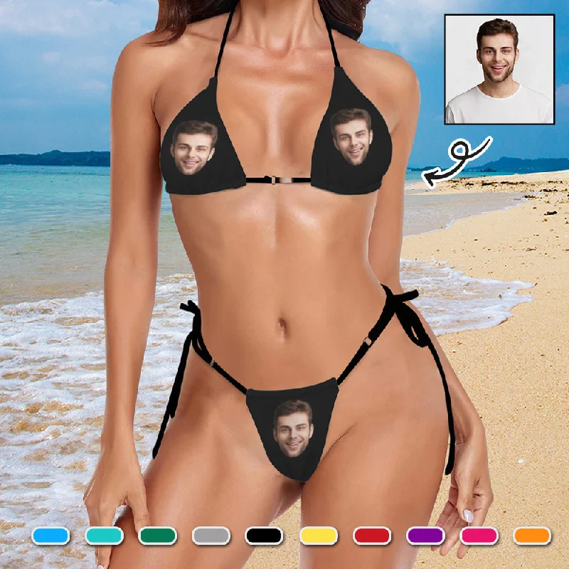 Custom Face Halter String Tie Side Thong Bikini Personalized 10 Colors Bikini Set Swimsuits