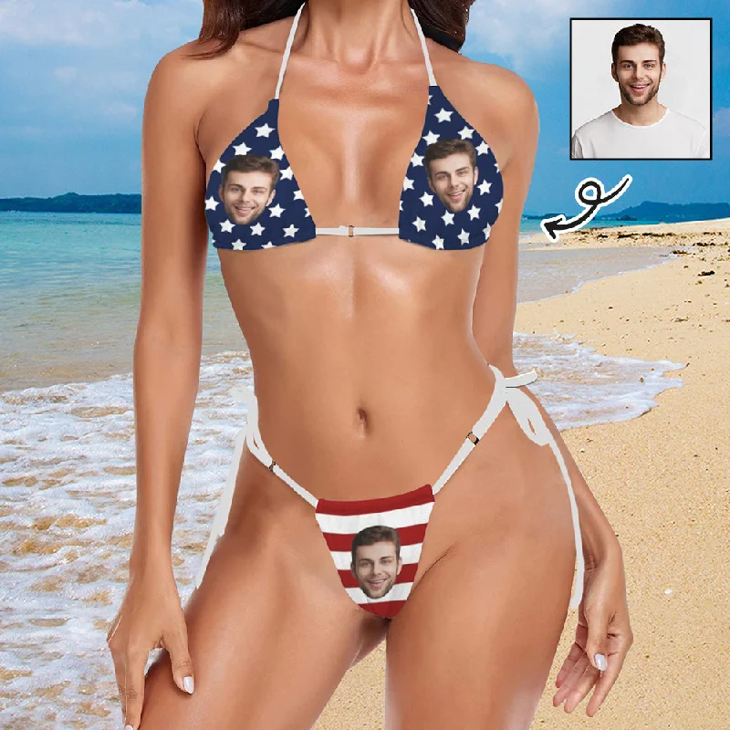 Custom Face Halter String Tie Side Thong Bikini Personalized Flag Design Bikini Set Swimsuits