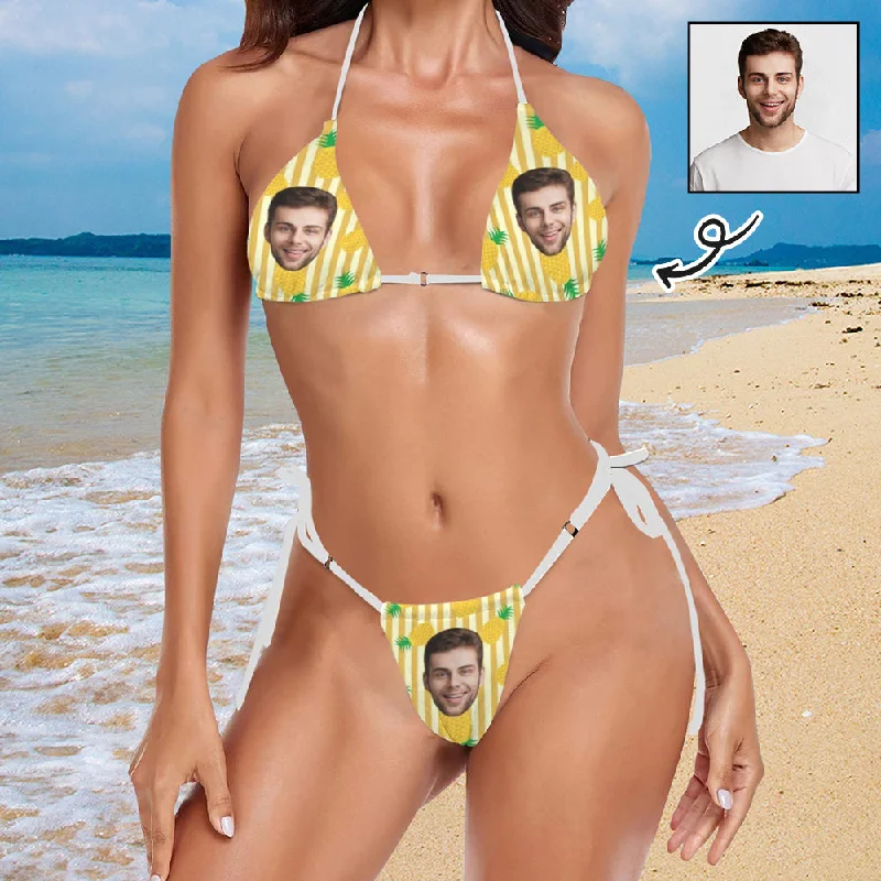 Custom Face Halter String Tie Side Thong Bikini Personalized Yellow Bikini Set Swimsuits