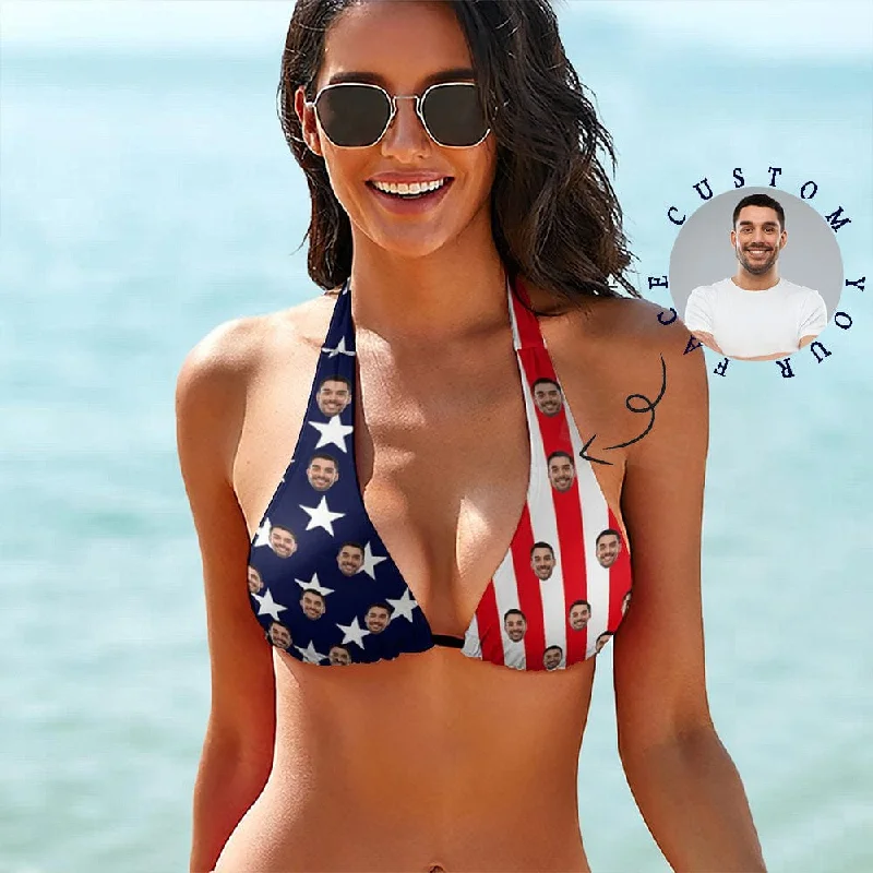 Deep V Neck-Custom Face American Flag Star Personalized Bikini Swimsuit Top