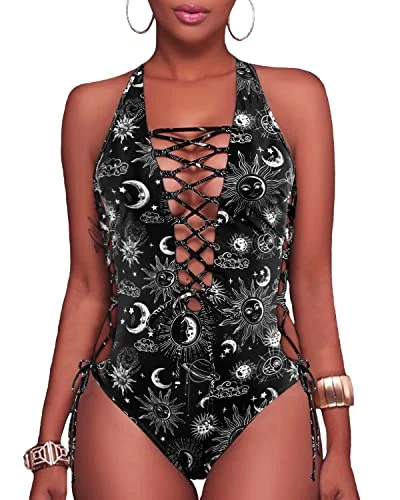 Lace Up Cut Out Monokini One Piece Swimsuits-Black Sun And Moon