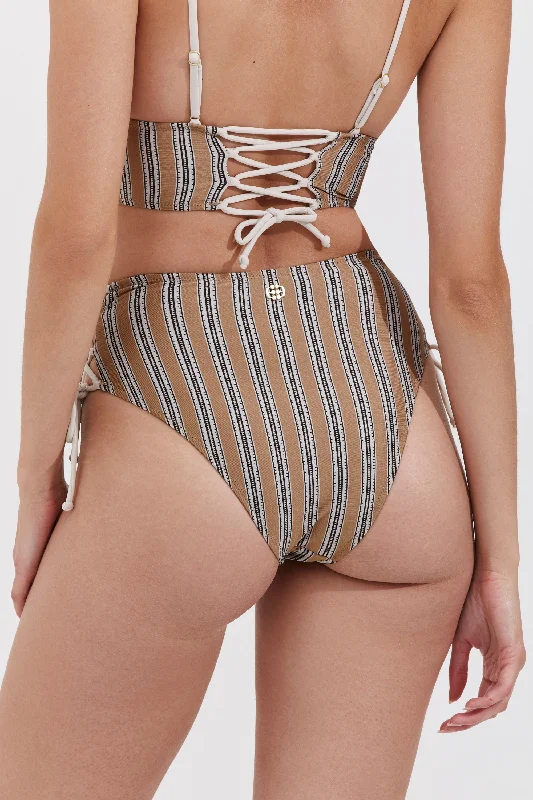 STRIPED HIGH RISE BIKINI BOTTOM IN CAMEL