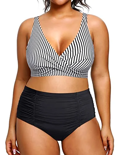 V Neck 2 Piece Plus Size Bikini High Waisted Tummy Control Swimsuit-Black And White Stripe