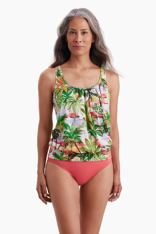 Fancy Flamingo Shirred Neck Blouson Tankini Top