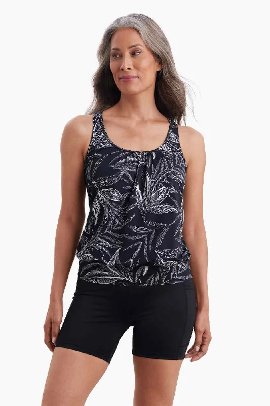 Leaf Encounter Shirred Neck Blouson Tankini Top