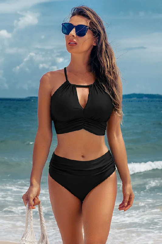 Solid Color Crisscross Strappy High Neck Ruched Keyhole Bikini