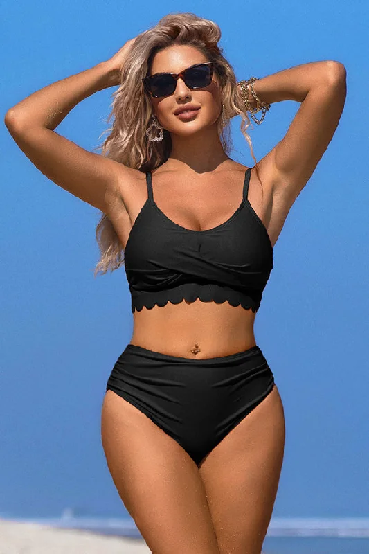 U Neck Scalloped Cut Out Ruched Bikini Suits