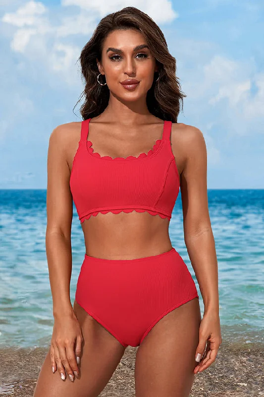 Solid Color U Neck Scalloped Wide Strap Bikini Suits