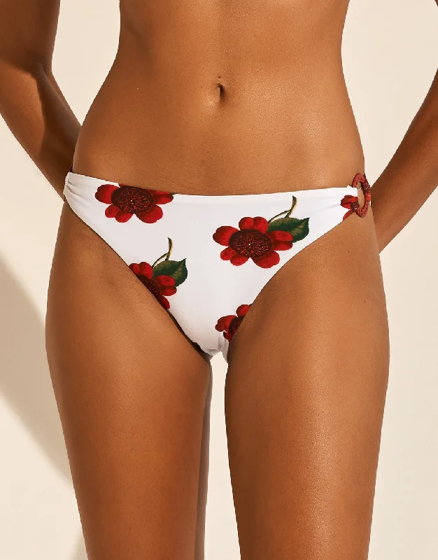 The Bloom Ring Side Bikini Pant - White Red