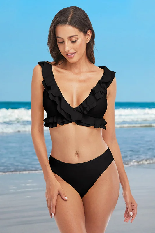 V Neck Ruffle Solid Color Knotted Black Bikini Suits