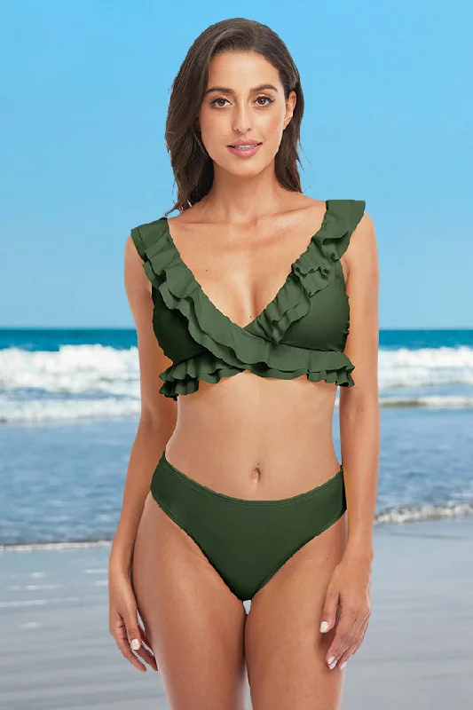 V Neck Solid Color Knotted Ruffle Green Bikini Suits