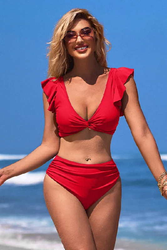 V Neck Solid Color Ruching Ruffle Tie Back Bikini Suits