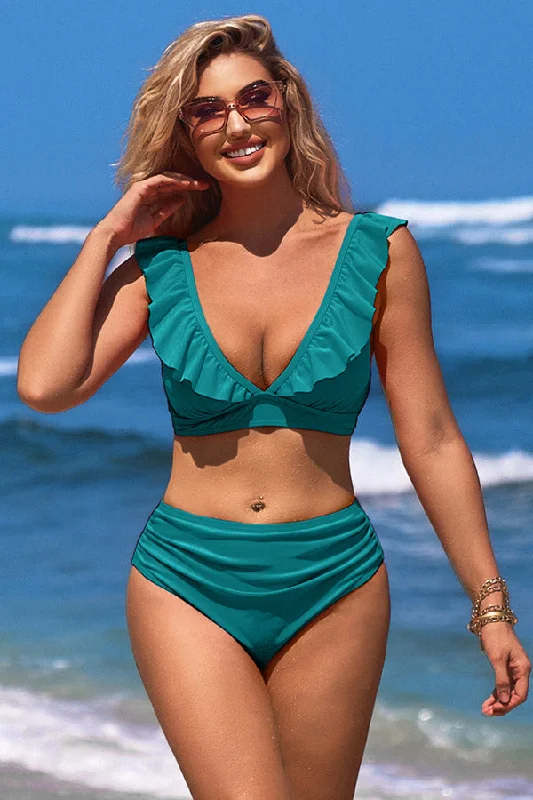 V Neck Solid Color Ruching Ruffle Push Up Bikini Suits