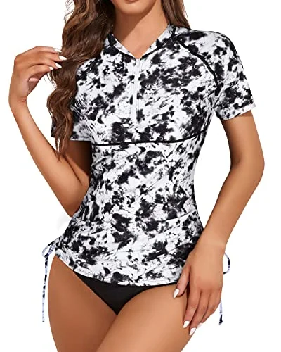 Upf50 2 Piece Short Sleeve Rash Guard For Women-Black And White Tie Dye