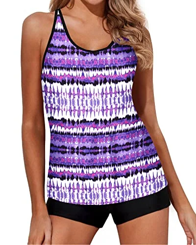 Modest Tankini Swimsuit Boy Shorts For Women-Purple Tribal