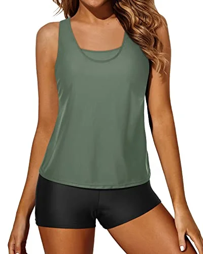 Loose & Long Mid Waisted Tankini Swimsuits For Women-Army Green And Black