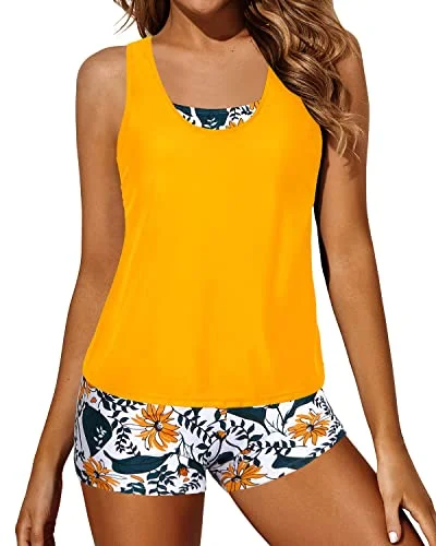 Athletic Modest Tankini Top With Boyshorts For Women And Juniors-Yellow Floral