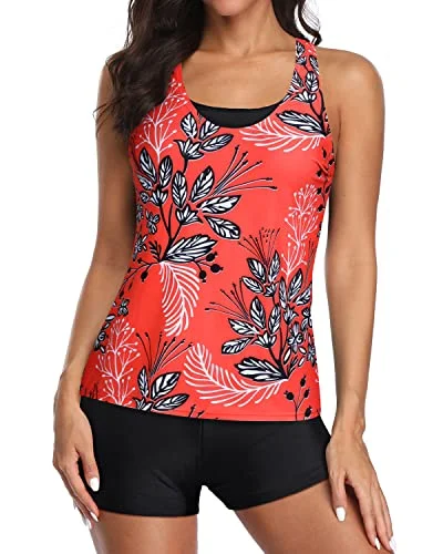 High Waisted Athletic Sports Bra Tankini Swimsuits For Women-Red Floral