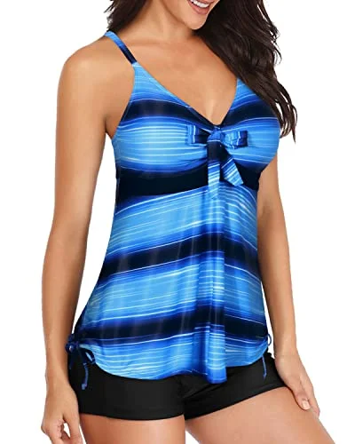 Flowy Tankini Top With Shorts Bathing Suit Tummy Control Swimwear-Blue And Black Stripe