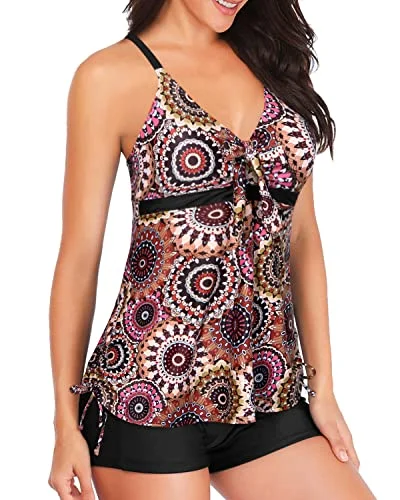 Flowy Tankini Top With Shorts Bathing Suit Tummy Control Swimwear For Women-Brown Print