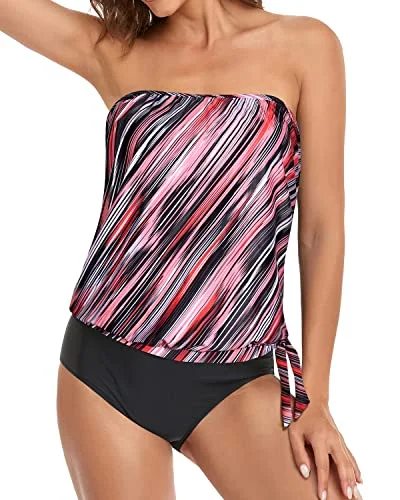 Tummy Control Bandeau Tankini Bathing Suits For Women-Pink Stripe