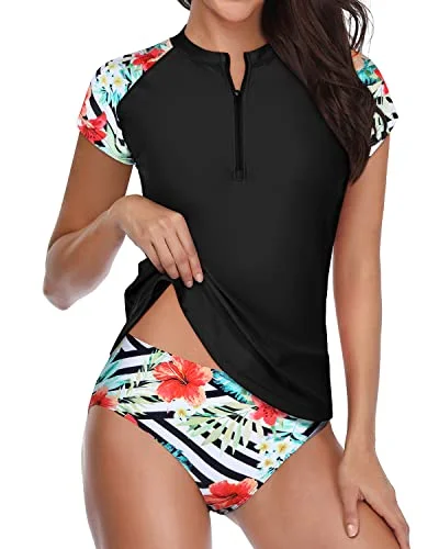 Short Sleeve Swim Shirt With Half Front Zipper For Women-Black And Striped Leaves