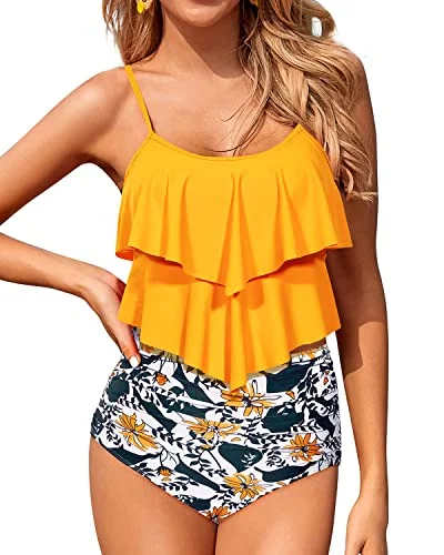 Retro Tummy Control Two Piece Tankini Swimsuits For Women-Yellow Floral