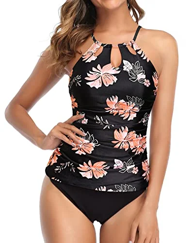 Ruched Push Up Padded Bra Tankini Swimsuit For Women-Black Orange Floral