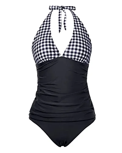 Women's Adjustable Self Tie Shoulder Strap Tankini Bathing Suit-Black Plaid