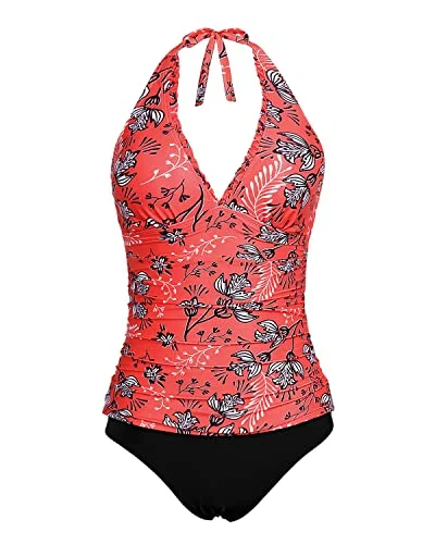 Piece Tankini Bathing Suits Tummy Control V Neck Tankini Swimsuits-Red Floral