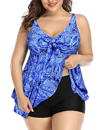 Flowy Plus Size Tankini Swimsuits For Women With Shorts Bathing Suits-Blue Tribal