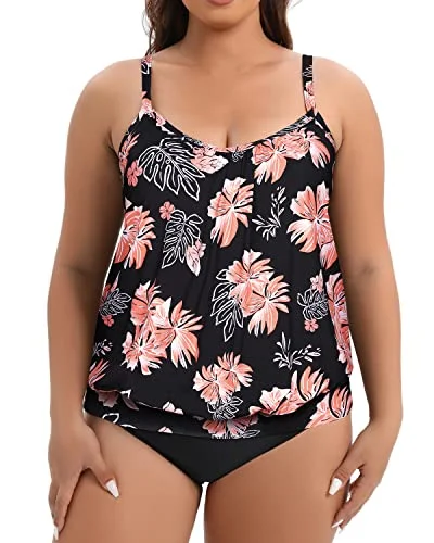 Women's Plus Size Crew Neck Blouson Tummy Control High Waisted Tankini Set With Built-In Brief-black orange floral1