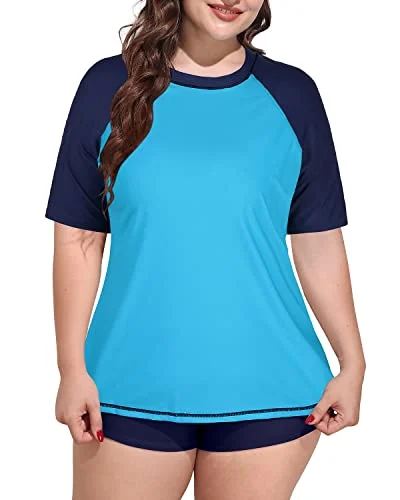 Plus Size Women's Loose Short Sleeved Rash Guard Swimsuit-Aqua