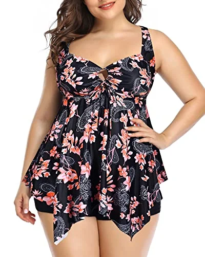 Plus Size Criss Cross Back Tankini Swimsuits For Women-Black Pink Flower