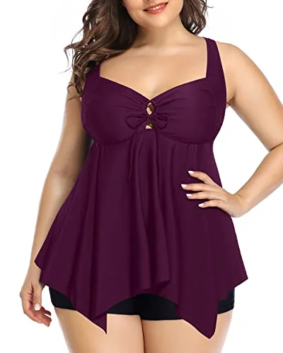 Women's Plus Size Tankini Top With Shorts Swimsuits-Maroon