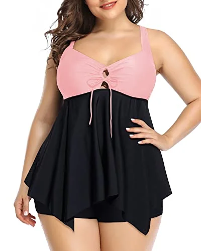 Plus Size Tankini Top With Shorts Swimsuits For Women-Pink And Black