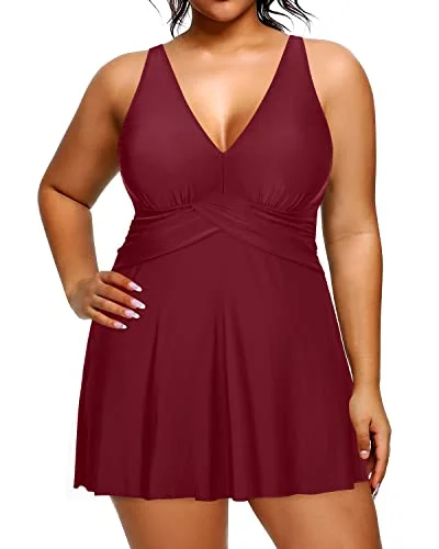 V Neck Women One Piece Swimdress With Built In Swim Brief Under Skirt-Maroon