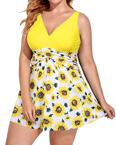 V Neck Plus Size Swim Dress With Tummy Control Bathing Suit-Yellow Floral