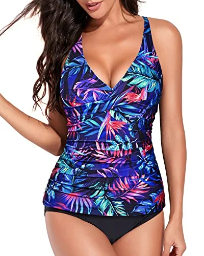 Two Piece Crossover Back V-Neck Tankini For Women-Blue Purple Leaves